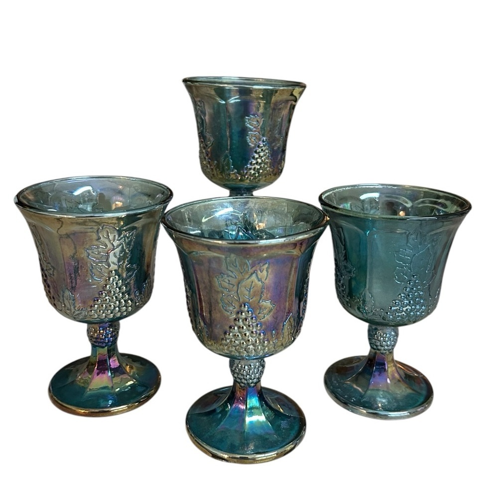 Vintage Indiana Glass Grape Harvest Iridescent Blue carnival Goblets Set of 4